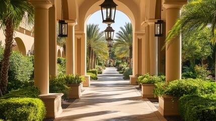 Obraz premium Sunlit Courtyard Walkway: A Serene Resort Path