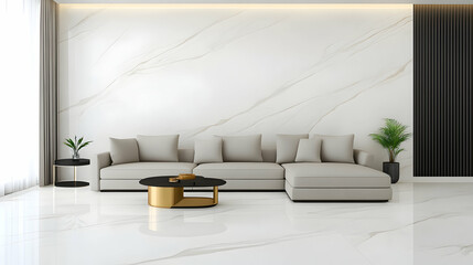 Bright living room setup with marble wall for real estate or interior design. Generative AI