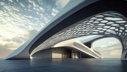 Futuristic architecture, modern building, empty plaza, dramatic sky