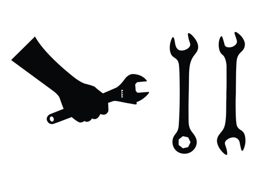 Hand holds a spanner and wrench vector icon set illustration on white background. spanner and wrench logo art work.
