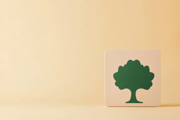 Minimalist design featuring a green tree icon on a beige background symbolizing nature and sustainability.