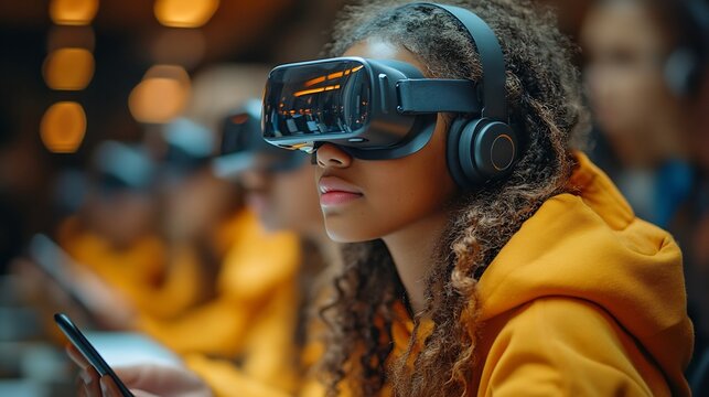 Students different backgrounds engaged in digital learning using tablets and virtual reality in a modern classroom filled with advanced technology and creative energy