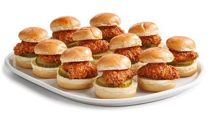 Mini Nashville Hot Chicken Sliders on a White Platter with Pickles and Soft Buns