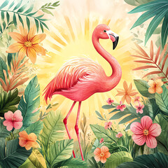 Naklejka premium A vibrant pink flamingo amidst colorful tropical flowers and lush green foliage.