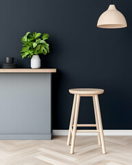Cozy interior Stool stands near counter with plant against dark wall, lifestyle. Generative AI