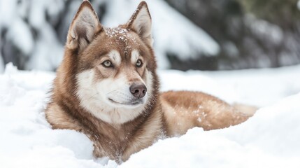 Obraz premium Husky dog resting in snow. Ideal for winter animals, pet portraits, and cold weather companion content.