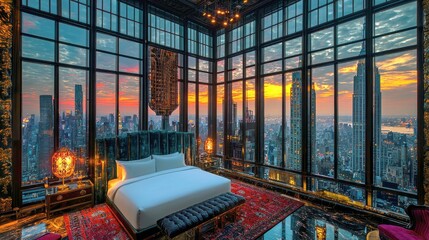 Luxury Penthouse Suite with Breathtaking City Views at Sunset. Experience ultimate comfort and style in this opulent urban retreat.