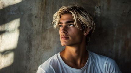 Fototapeta premium Young man in dramatic window light. Ideal for artistic portraits, natural lighting, and contemporary masculinity content.