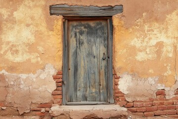 Old wooden door in an adobe brick wall facade