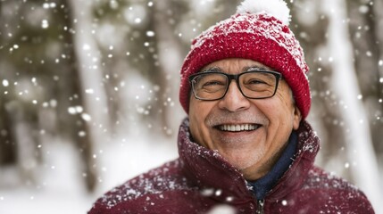 Senior Asian man enjoying winter snow. Perfect for active aging, winter joy, and cultural diversity content.