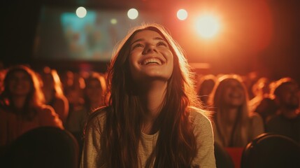 Audience watches film in auditorium, captivating atmosphere. Stage lights presentation. People crowd focus on excited movie, anticipation. Cinema theatre event, public speaking, talk.