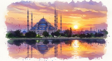 Fototapeta premium Watercolor Painting of Istanbul Skyline at Sunset with Blue Mosque Reflection