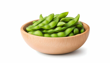 Edamame in wooden bowl isolated on white background, a healthy appetizer. Generative AI
