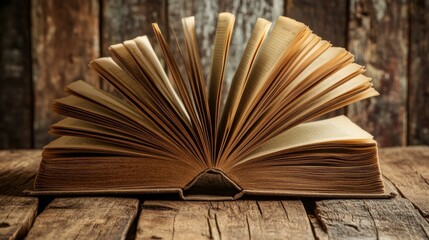 Open book, hardback books on wooden table. Back to school. Copy space