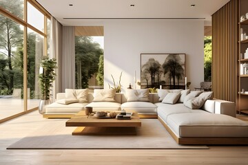 White and wooden themed luxury modern living room with furniture
