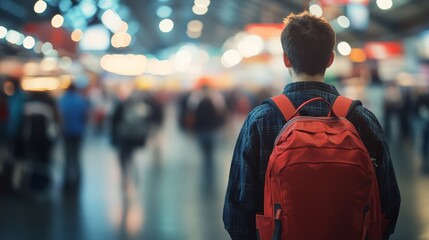 Traveler with backpack amidst blurred crowd, anticipation of exploration