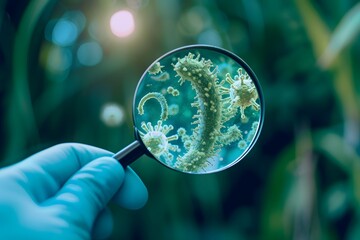 Magnifying glass showing green germs