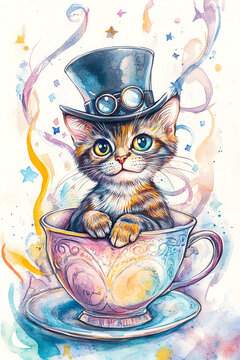 A whimsical illustration of a cat in a cup wearing a stylish hat and goggles.