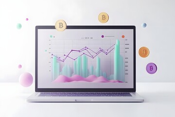 Laptop displaying cryptocurrency chart in pastel colors, floating coins and spheres