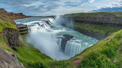 Iceland Gullfoss waterfall panorama, tourists viewing