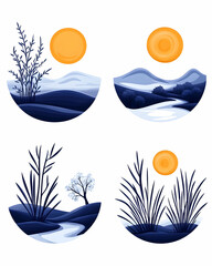 Naklejka premium Four scenic landscape illustrations, calm nature, mountain, river, and plant design. Generative AI