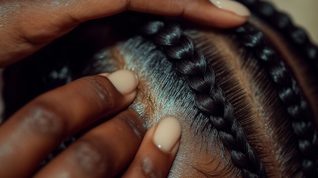 Close-up of hands working on a cornrow braid, fingers pulling sections tightly with precise movements, soft light accentuating the clean lines, sharp and bold