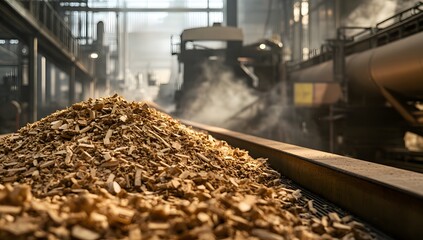 Wood chips piled on conveyor belt in industrial plant