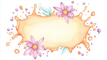 vibrant orange watercolor splash with flowers and leaves creates cheerful backdrop