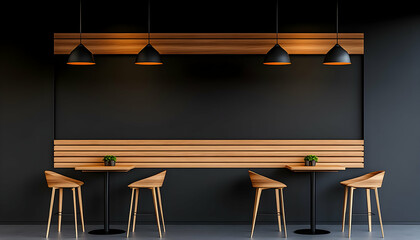 Interior design of empty restaurant with tables, chairs and wooden decoration. Generative AI