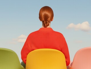 Fototapeta premium Contemplative woman in colorful chairs outdoor setting portrait serene atmosphere rear view self-reflection
