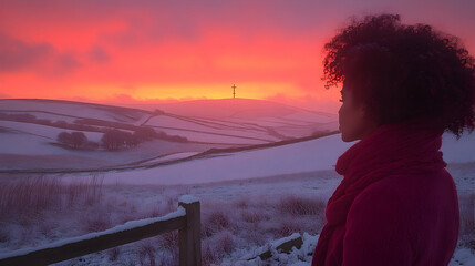 Fototapeta premium Woman gazing at sunrise over snowy hills