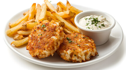Crispy Maryland Crab Cakes with Fries and Dipping Sauce for Seafood Lovers' Delight