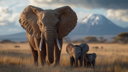 Majestic elephants roaming in serengeti nature wildlife open grasslands captivating scene