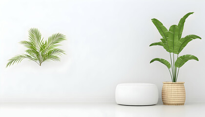 Minimalist interior with plants and pouf. Background is white wall in a room. Generative AI