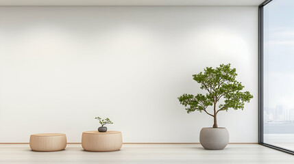 Minimalist living room design. Plant next to window in a modern, clean interior. Generative AI