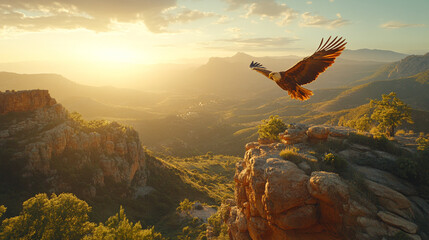 An eagle soaring through the sky symbolizes freedom, strength, and vision, embodying power and independence with its wings spread wide, soaring high above in a bright and modern atmosphere