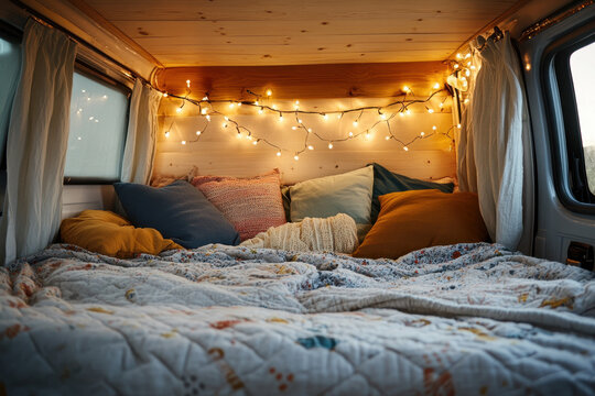 Cozy camper van interior featuring fairy lights, colorful pillows, and a warm quilted blanket, creating a perfect setting for relaxation and adventure.