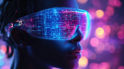 A digital artist wearing futuristic augmented reality (AR) glasses, using a virtual AI-powered paintbrush to create a vibrant 3D holographic artwork