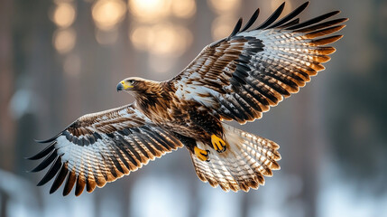 An eagle soaring through the sky symbolizes freedom, strength, and vision, embodying power and independence with its wings spread wide, soaring high above in a bright and modern atmosphere