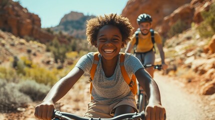 Obraz premium Joyful Child Bicycling Through Scenic Trail in Nature