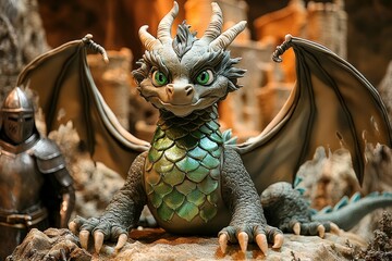 Naklejka premium Adorable green-eyed baby dragon with detailed scales and wings in fantasy setting