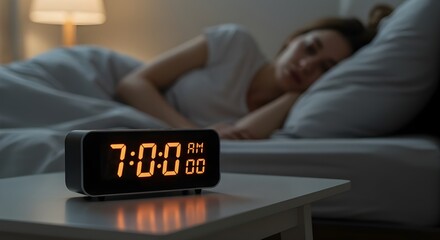 Alarm clock on the table with blurred background of a woman sleeping in bed