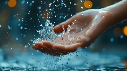 Fototapeta premium Hand Reaching for Water with Splashes and Bokeh Background