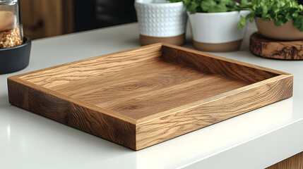 Wooden tray on kitchen counter, herbs in background; home decor