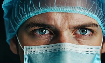 A close-up portrait of a healthcare professional wearing a mask, conveying dedication and resilience during challenging times and emphasizing the importance of health and safety.