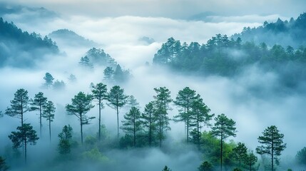 Misty Mountain Forest Scene With Tall Pine Trees