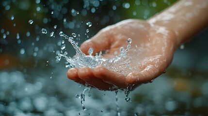 Fototapeta premium Hand Splashing Water with Sparkling Drops in Soft Natural Light