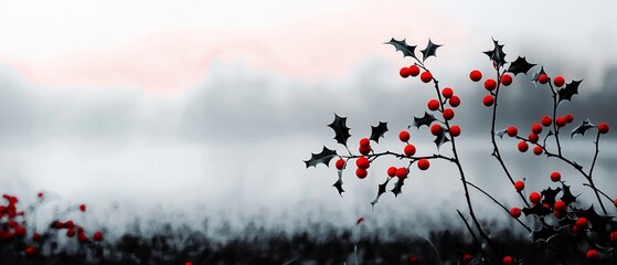 Red Berries on Black Branches in a Foggy Landscape