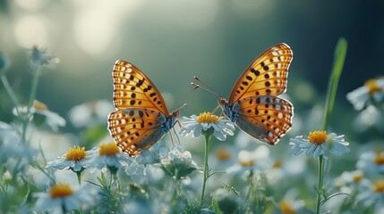 Butterflies mating amidst daisies at dawn; nature background, perfect for calming designs