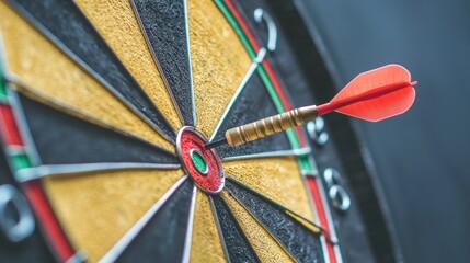 Red Dart Hitting Bullseye on Yellow and Black Dartboard